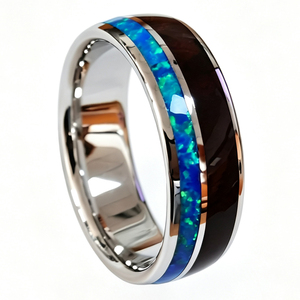 Bague de fiançailles Cheng Jewelers en <span class=keywords><strong>opale</strong></span> bleue et incrustation de bois hawaïen 6 mm 8 mm, bagues en or blanc 10k/14k/18k pour cadeaux d'anniversaire - Product Image 1