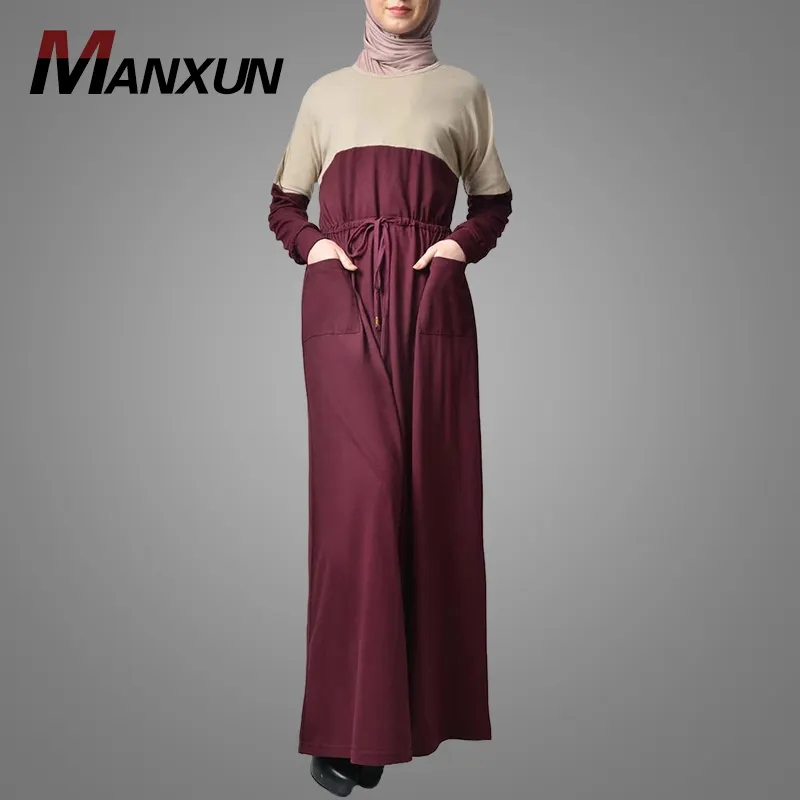 Manxun स्टाइलिश जुए Colorblocked जर्सी Abaya पोशाक लाल रंग + रेत खेल Abaya Muslimah महिलाओं सक्रिय पहनने Kebaya इस्लाम कपड़े