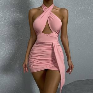 Femmes Sexy froncé moulante licou <span class=keywords><strong>Cirss</strong></span> croix découpée dos nu Mini Club robes de soirée - Product Image 1