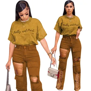 Quần Jean Quần Áo Sơ Mi Bộ Cho Womens Set 2 Mảnh Quần Set Phụ Nữ Quần Áo Phụ Nữ Phổ Biến Thêu Chữ Trang Phục Với Túi