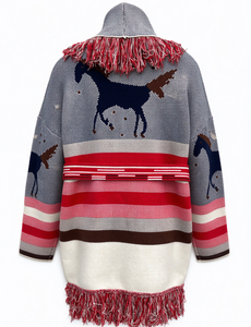 <span class=keywords><strong>Cardigan</strong></span> da Donna <span class=keywords><strong>con</strong></span> Collo a Scialle, Frange, Motivo Tribale Jacquard, Stile Bohémien, Bordo <span class=keywords><strong>con</strong></span> Nappe e <span class=keywords><strong>Cintura</strong></span> Intrecciata, Lunghezza Media - Product Image 4