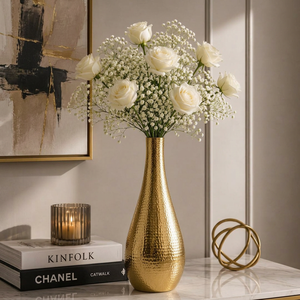 Hammered Gold Teardrop Metal Tabletop Vase – High-Luster Metal Accent Vessel for Luxury Console Staging & Hotel <b>Suites</b> - Product Image 1