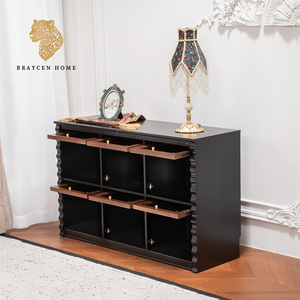 Mobiletto Modulare <span class=keywords><strong>Vintage</strong></span> in Legno con Ante in Vetro e Tessuto, Credenza Bicolore Estensibile, Porta TV per Soggiorno - Product Image 2