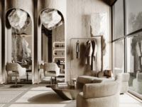Système d'affichage de luxe pour salon de manucure moderne et bio avec vitrine en pierre d'onyx et étagères murales lumineuses pour spa