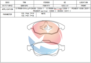Plaquette de frein SDCX D1717-8942 GDB1690 pour <span class=keywords><strong>Citroen</strong></span> BERLINGO / C4 / <span class=keywords><strong>DS4</strong></span> PEUGEOT 508 PARTNER - Product Image 3