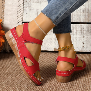 Women Summer New <b>Magic</b> <b>Tape</b> European American Style Wedge Sandals Thick Sole Large Flower Roman Sandals - Product Image 4