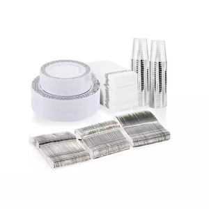 Ensemble de 350 assiettes jetables en plastique rigide <span class=keywords><strong>avec</strong></span> bord doré et cuillères, vaisselle pour fêtes, incluant des assiettes creuses pour fruits - Product Image 4