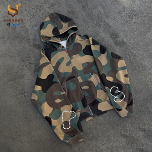 เสื้อฮู้ดดี้โอเวอร์ไซส์ผ้าเฟรนช์เทอร์รี่พิมพ์ลายพรางตัวอักษร 500 GSM แต่งโลโก้ตามสั่ง ประดับมุกและคริสตัล ซิปหน้า ผ้าฟลีซ - Product Image 4