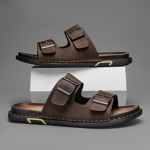 Sandalias de verano para hombre, de moda, con punta abierta, doble hebilla metálica ajustable, de piel sintética suave, cosidas a mano, antideslizantes. - Product Image 2