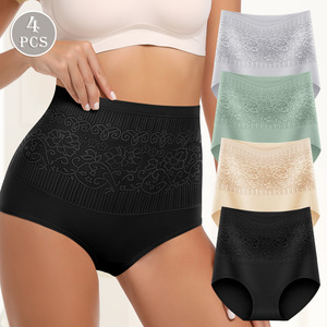 Paquete de 4 bragas de cintura alta para mujer, talla grande, con entrepierna de algodón, tejidas, moldeadoras - Product Image 1