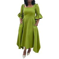 Robe mi-longue plissée taille haute à col carré et manches cloche pour femme, avec poches, couleur unie, élégante, style vintage 2026
