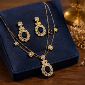 Juego de Collar y Aretes de Plata 925 de Lujo con Piedras Azules y Blancas, Joyería Nupcial India Tradicional para Mujer - Product Image 5