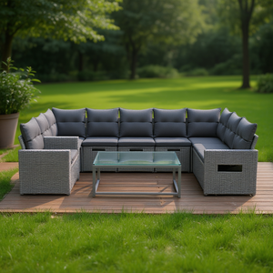 Conjunto de Sofás de Jardín de Ratán Gris con Estructura de Acero, 8 Plazas, Muebles de Exterior Contemporáneos, Uso en Exteriores de Primera Calidad - Product Image 2