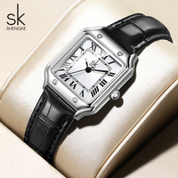 Montre pour femme SK Fashion en cuir noir et acier inoxydable, cadran carré à quartz, prête à être expédiée