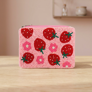 Monedero de algodón hecho a mano con cuentas y fresa bordada, mini bolsa cuadrada rosa con cremallera para monedas, ideal para regalo de fiesta - Product Image 2