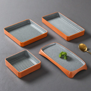 Plateaux de service rectangulaires en mélamine bicolore gris et orange pour restaurant, hôtel, buffet – Ensemble d'assiettes profondes - Product Image 1