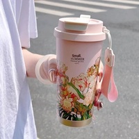 Cherry 600ml Isolierter Vakuum-Kaffeebecher Doppelwandiger Edelstahl-Becher mit Auslaufsicherem Deckel Trageriemen für Heiße und Kalte Getränke