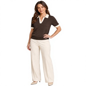 Camiseta de Punto de Algodón 100% Transpirable para Mujer, Manga Corta, Cuello en Contraste, Cuello en V, Dobladillo Acanalado, Informal, para Oficina, Verano, OEM Personalizado - Product Image 2