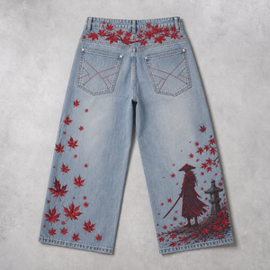 <span class=keywords><strong>Jeans</strong></span> Larghi da <span class=keywords><strong>Uomo</strong></span> Vintage Lavati con Stampa Samurai in Acero Rosso e Cuciture a Contrasto Rosse, Pantaloni in Denim Baggy Streetwear Personalizzati OEM ODM - Product Image 2