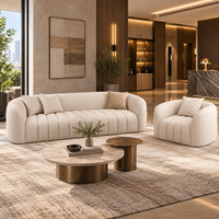 Salon d'hôtel minimaliste avec ensemble de canapés aux lignes droites, espace d'accueil de style nordique doté de canapés et d'une table basse