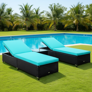 Juego de tumbona lateral para piscina al aire libre de 2 piezas de ratán turquesa con respaldo ajustable y cojines para salón junto a la piscina - Product Image 2