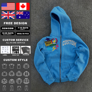 OEM Custom Manufacturers Embroidery Logo Drop Shoulder 100% Cotton Heavyweight <b>Plain</b> Fleece Oversized Zip up <b>Hoodie</b> for Men - Product Image 2
