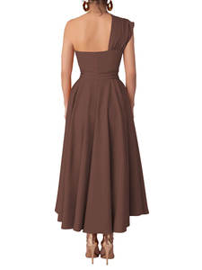 Vestido de Mujer de Verano, Sin Mangas, Cuello Asimétrico, Color Sólido, Cintura Ajustada, Corte Evase, Moda - Product Image 3