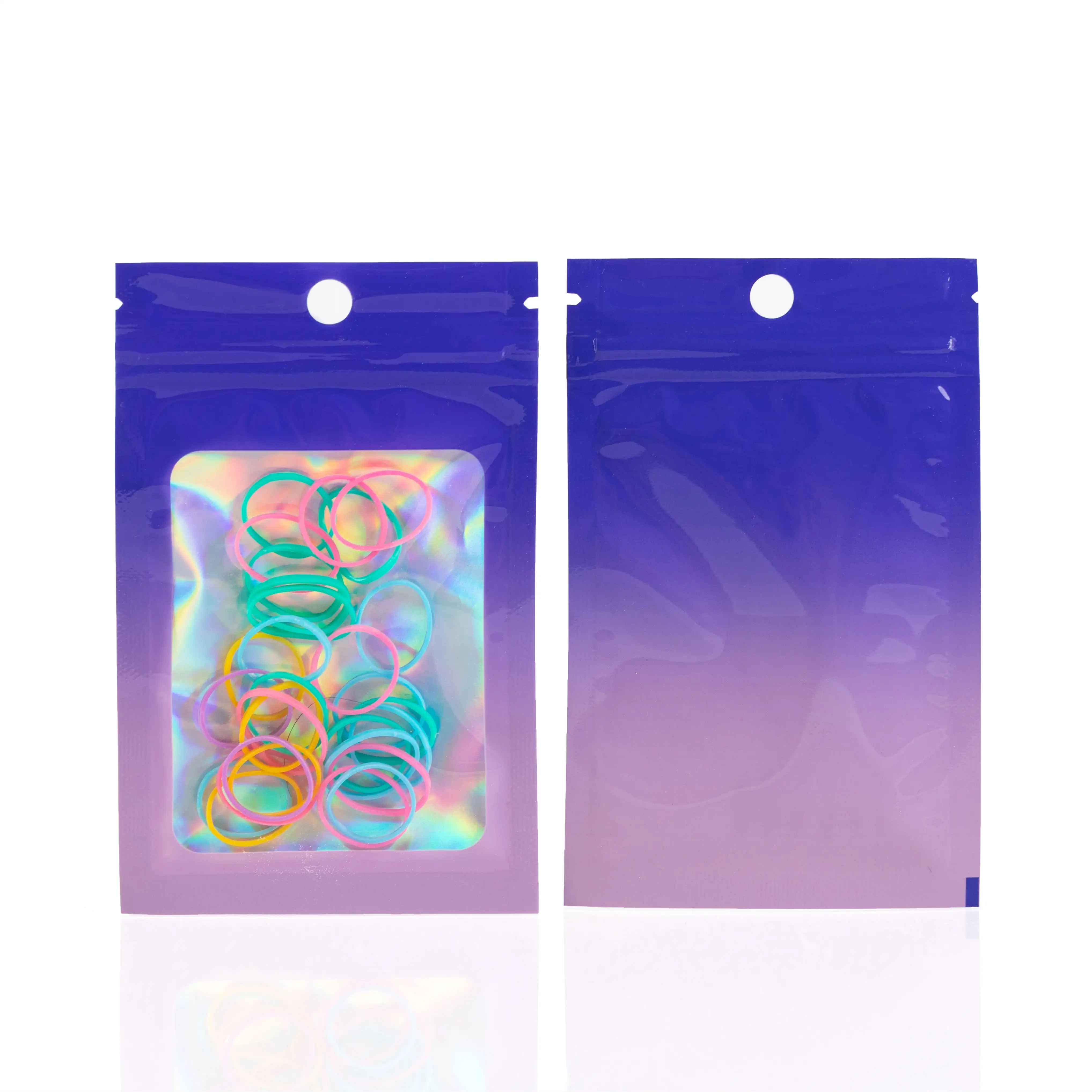 Custom clear front colorful back makeup tool packaging bag 3 side seal jewelry gradient color flat zipper bag