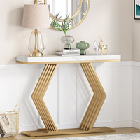 Table console d'entrée moderne Tribal 42 pouces avec base en métal géométrique et plateau en faux marbre blanc, décoration d'intérieur