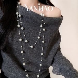 Collana lunga a strati di perle bianche a più strati stile coreano catena di felpe a catena maglione da donna - Product Image 3