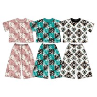 Ensembles de vêtements deux pièces personnalisés OEM pour filles, avec nœuds, motifs floraux et fruités, hauts amples à manches courtes et pantalons longs, tenue d'été décontractée