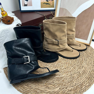 Sandalias Retro Estilo Hong Kong para Mujer, Chanclas Planas con una Sola Tira, Zapatos de Playa de Color Sólido Negro Caqui, Calzado de Verano a la Moda - Product Image 1