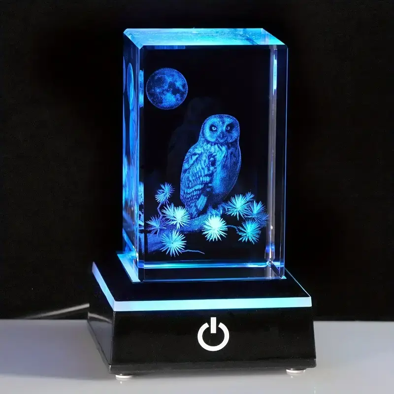 Cubo de laser 3D com base de LED para decoração de casa, luminária noturna de vidro cristal, estatueta de coruja e animal