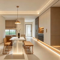Table d'îlot de cuisine moderne avec rangement, table à manger blanche avec base lumineuse LED pour usage domestique, armoires de cuisine complètes