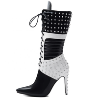 Nouvelle Arrivée 2026 – Bottines Stiletto Noires et Blanches à Lacets avec Clous Argentés pour Femme – Bottes Courtes d'Hiver 10 cm