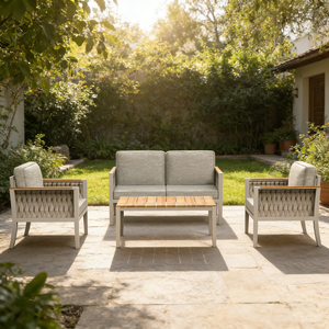 Set di Mobili da Giardino di Lusso in Corda Intrecciata per Tutte le Stagioni, Divano a 2 Posti <span class=keywords><strong>e</strong></span> <span class=keywords><strong>Poltrone</strong></span> con Tavolino in Legno Massiccio - Product Image 6