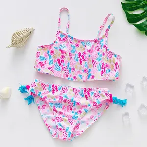 Maillot de bain 2 pièces Sexy pour enfants de 8 à 14 ans, ensemble deux pièces avec imprimé et nœud ras-du-cou