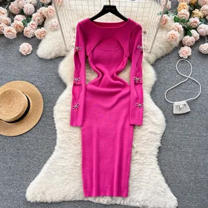 LE1741 Femme Sexy Hollow Out Long Sleeve Bow Crystal Party Wear Hot Pink Bodycon Bandage Long Knitted Dress Sweater Gowns