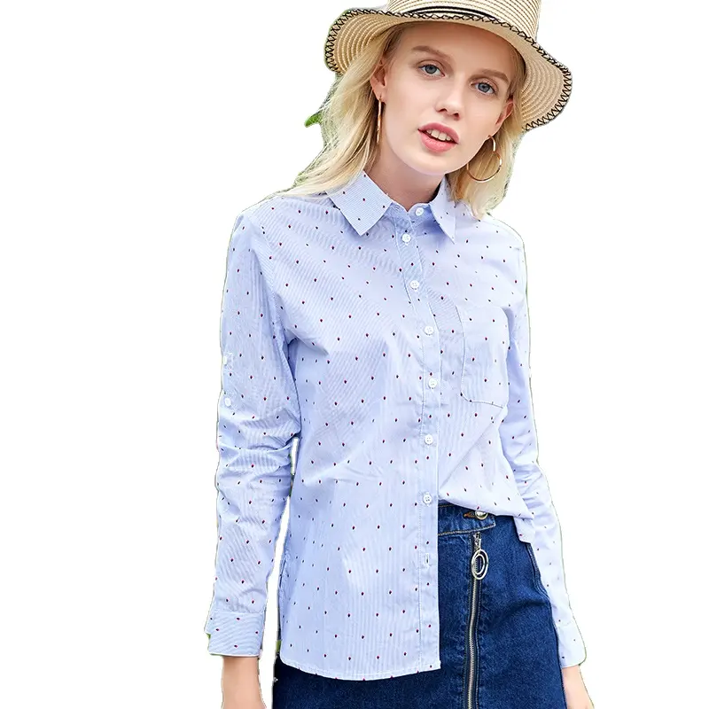 Wholesale in-stock women blouses cotton shirt ladies print long sleeve casual blouses strip shirt
