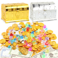 Coffret de trésors de pirate en or, argent et bronze, avec pièces de monnaie et pierres précieuses en plastique, pour enfants, idéal pour les fêtes d'anniversaire, d'Halloween et de Noël