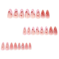 Faux ongles à presser en amande, 24 pièces, dégradé rose, motif lèvres rouges, nœud, avec décoration perles et strass, bouts d'ongles brillants