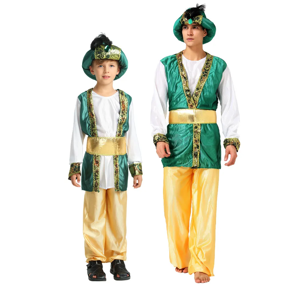 Wholesale custom Halloween Party Costume Muslim Dubai Sheikh Parent-Child Arabian Green Prince Cosplay Costume
