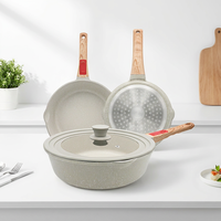 Batterie de cuisine antiadhésive en aluminium moulé OEM, compatible induction, avec poêle à sauter et ensemble de casseroles antiadhésives effet granit, poêle à frire avec poignée amovible