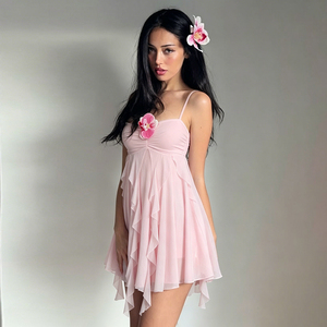 Vestido Camisero Asimétrico con Volantes y Flores 3D para Vacaciones en la Isla, Color Rosa, Estilo Holgado y Fluido, Mini Vestido de Malla - Product Image 3