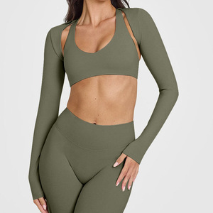 <strong>Women</strong> U Neck Gather Crop Sports Wear Bra <strong>Lightweight</strong> Long Sleeve Shawl High Stretch Yoga Top Quick Drying Tight Gym <strong>Jackets</strong> - Product Image 4
