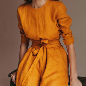 Four Seasons <span class=keywords><strong>carrera</strong></span> más tamaño Casual elegante mujer cuello redondo Lino Mini falda vestidos formales con cinturón - Product Image 2
