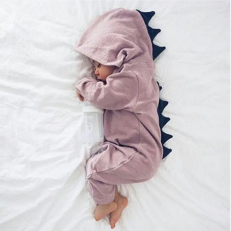 Spring autumn plain jumpsuit baby cute dinosaur romper zip-up hooded baby clothes rompers