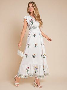 Robe maxi à manches courtes en coton 100% lavable, tissée blanche, taille haute, mode, brodée - Product Image 4