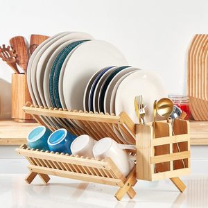 Bamboo Double Layer Dish Rack With Cup Holder Quick Dry Draining Rack For <b>Kitchen</b> Countertop Storage - Product Image 2