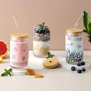 USA Warehouse Free Shipping Products Vinyl Print 16 Oz 480ml Can Shape Glass Tumbler Cup with <b>Bamboo</b> Lid and Glass <b>Straw</b> - Product Image 4